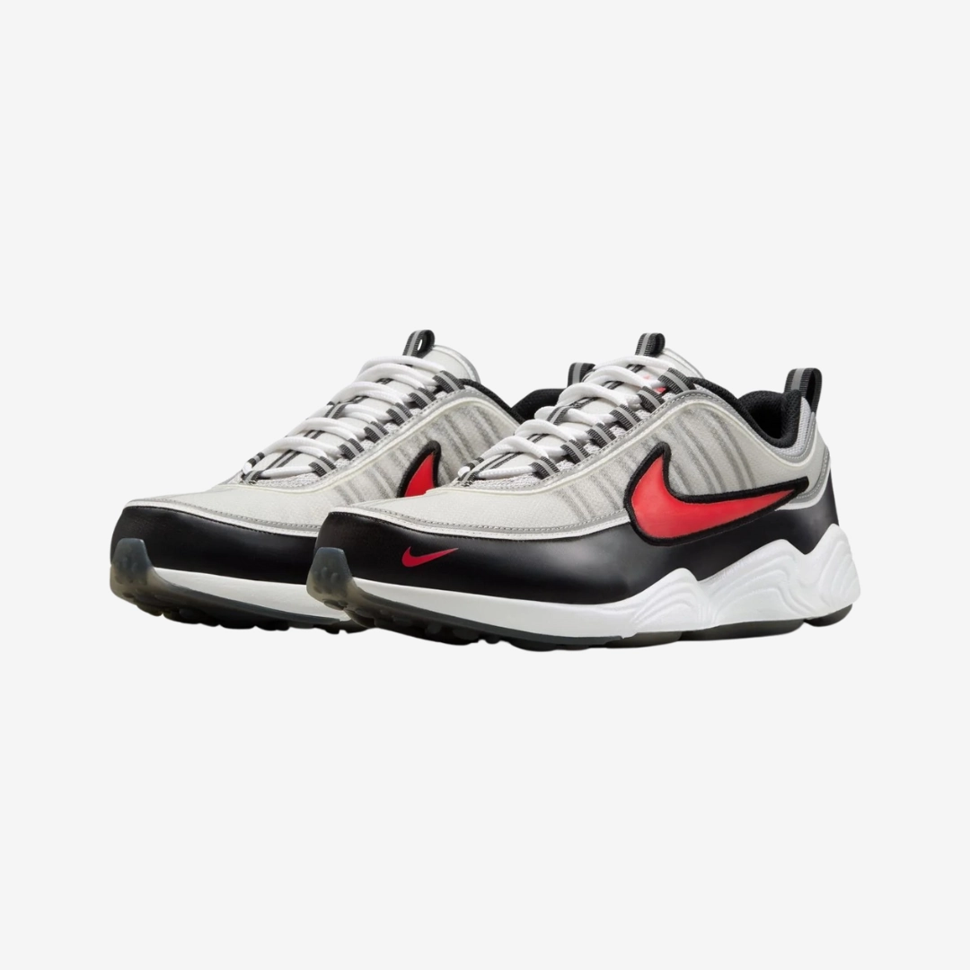 mens nike air zoom spiridon (metallic silver/sport red)
