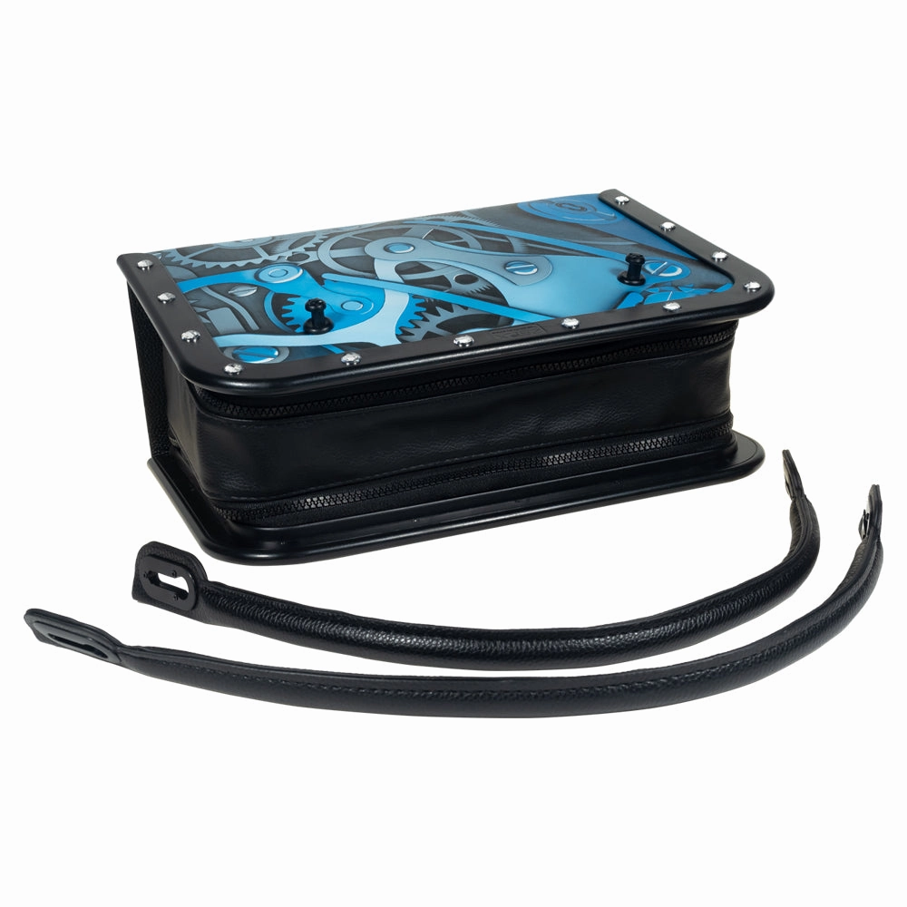 Portable Thrusting Handbag Sex Machine - Blue Gear Print