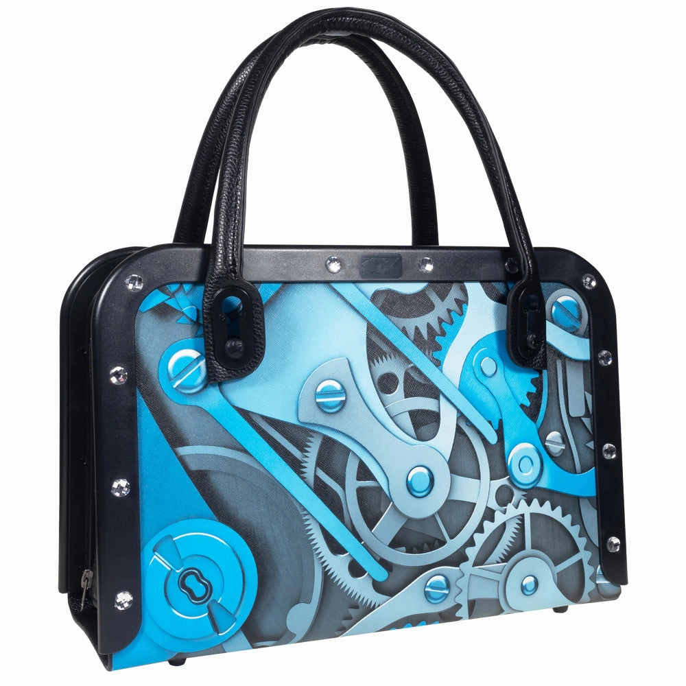 Portable Thrusting Handbag Sex Machine - Blue Gear Print